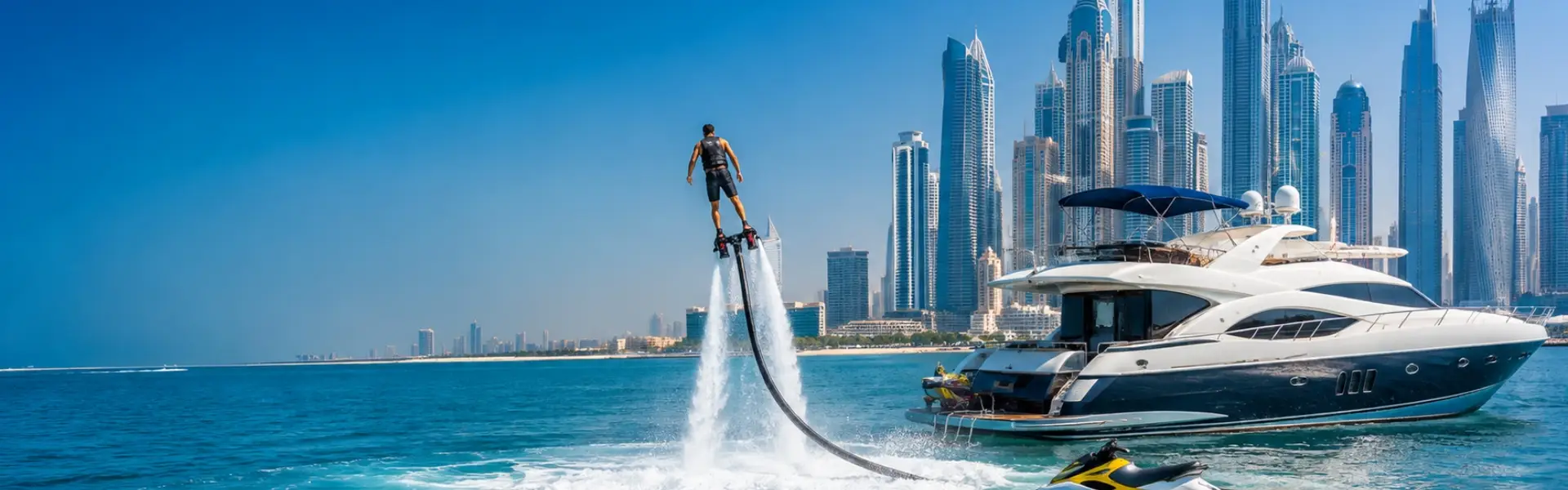 Water sports and jet ski action near a luxury yacht in Dubai