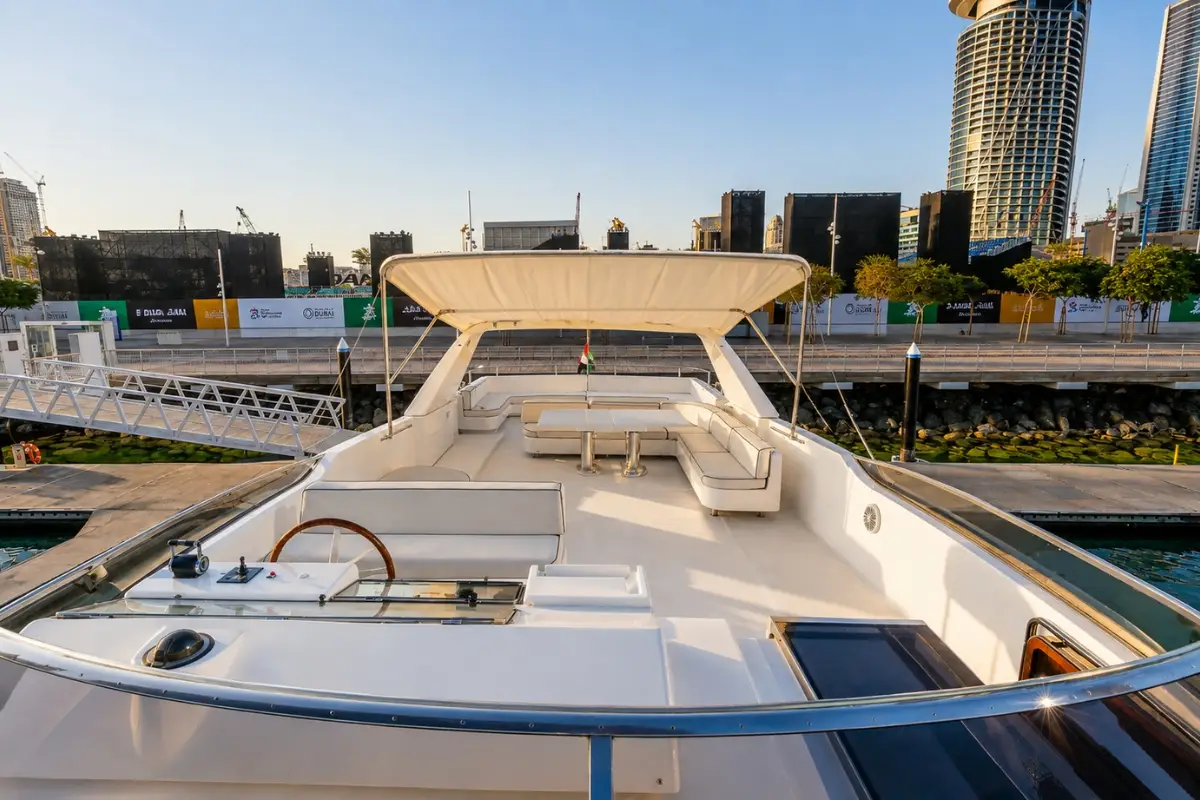 San Lorenzo 82ft yacht outdoor deck and seating area in Dubai
