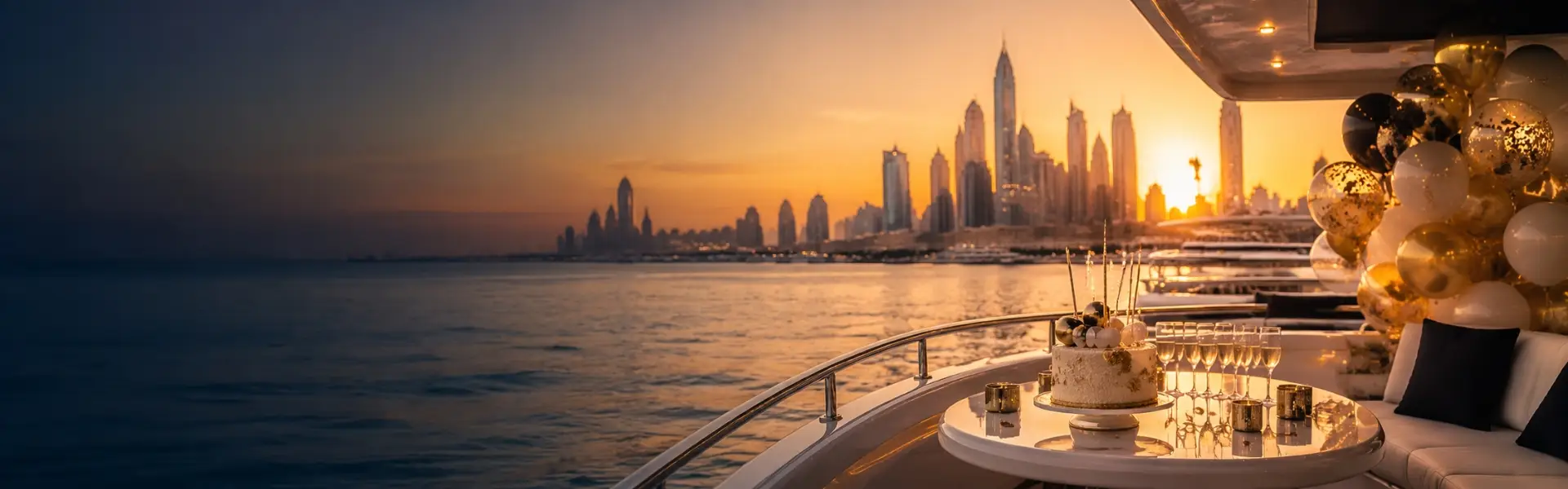 Birthday celebration on a luxury yacht in Dubai Marina at sunset