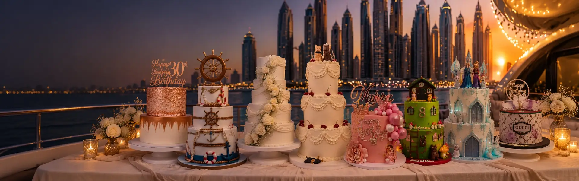 Custom luxury cake served aboard a yacht charter in Dubai