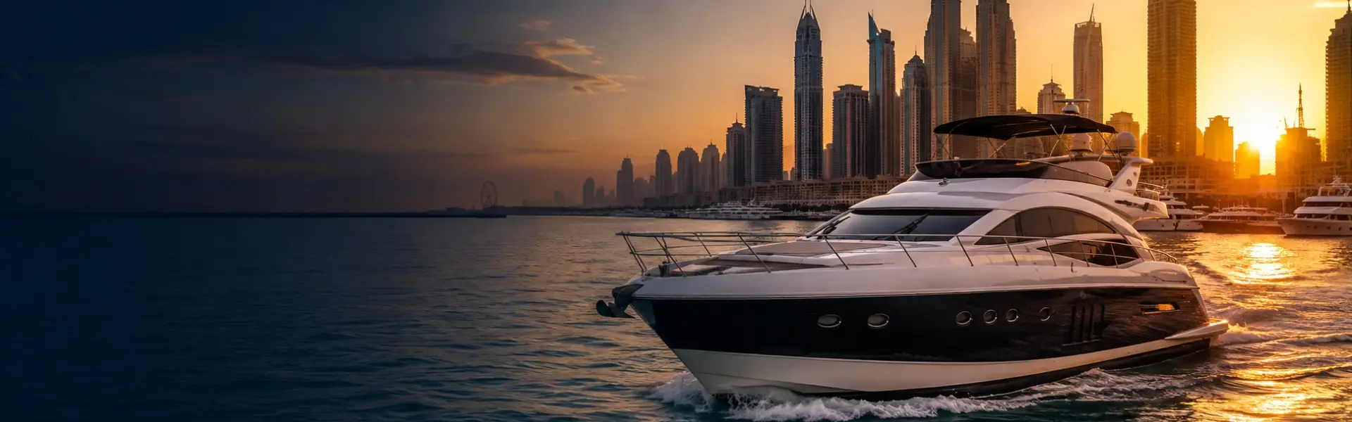 Luxury yacht charter in Dubai Marina at sunset