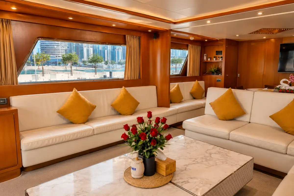 San Lorenzo 82ft yacht spacious interior lounge with 3 cabins and capacity for 50 guests